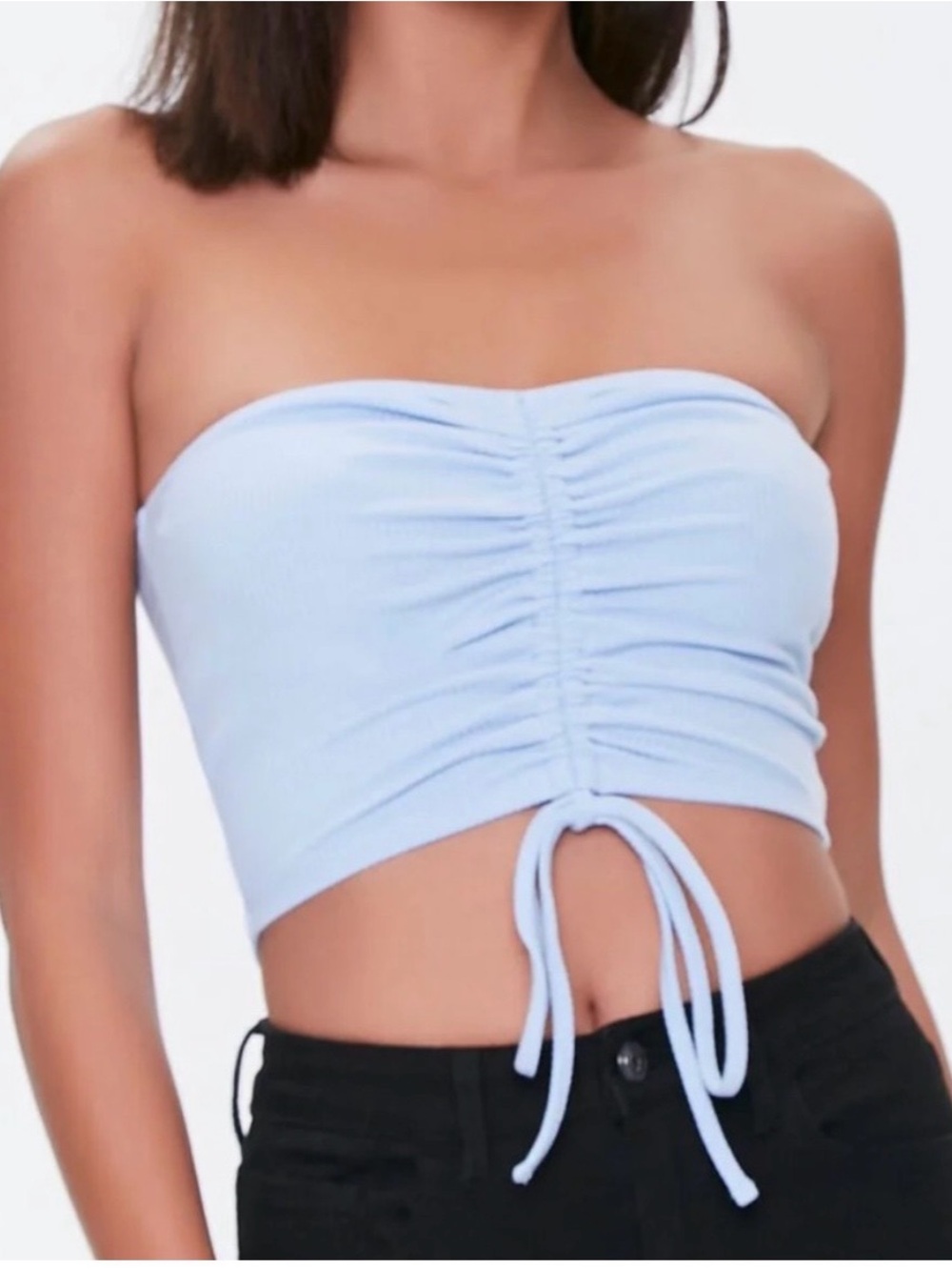 Light Blue Ruched Strapless Crop Top